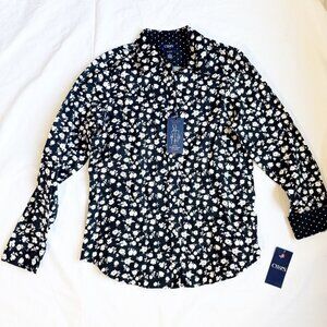 Chaps Womens Button‑Down Shirt Medium Black White Floral Polka Dot Casual NWT